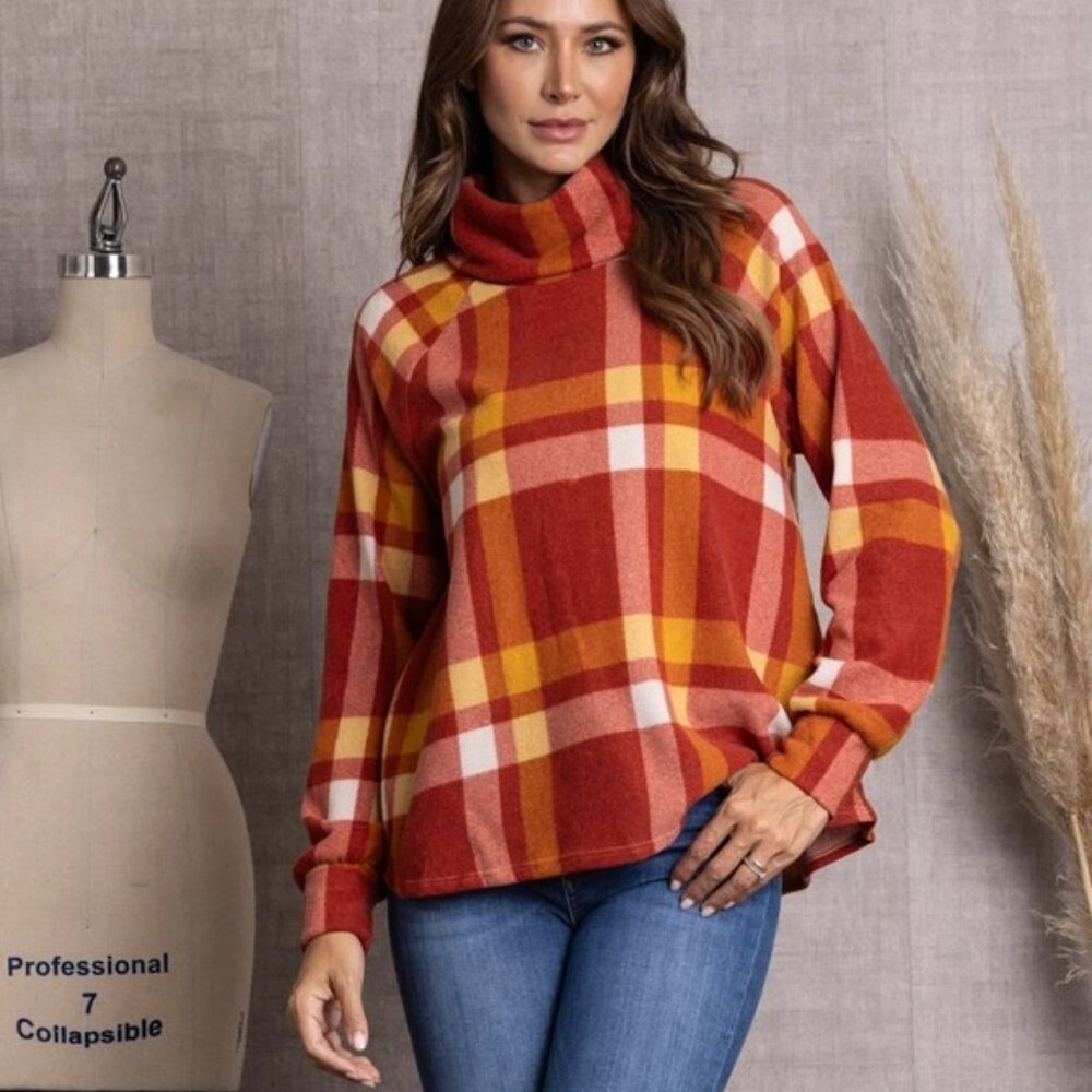 Plaid Mock Neck Long Sleeve Sweater